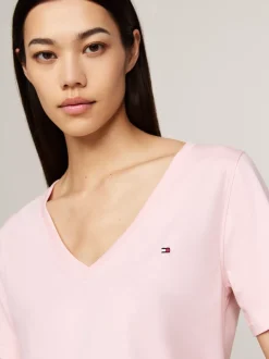T-Shirty*Tommy Hilfiger T-shirt Z Dekoltem W Szpic I Haftem Z Flagą DELICATE PINK
