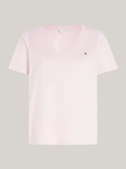T-Shirty*Tommy Hilfiger T-shirt Z Dekoltem W Szpic I Haftem Z Flagą DELICATE PINK