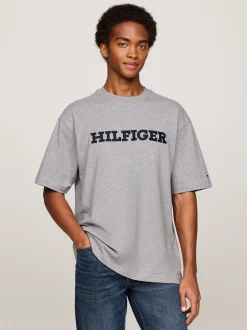 T-Shirty*Tommy Hilfiger T-shirt Z Diagonalu Z Wyhaftowanym Logo MEDIUM GREY HEATHER