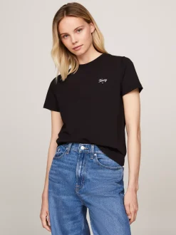 T-Shirty*Tommy Hilfiger T-shirt Z Haftowanym Kaligrafowanym Logo BLACK