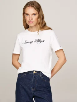 T-Shirty*Tommy Hilfiger T-shirt Z Kaligrafowanym Logo NOS ECRU