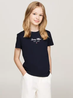 Topy I T-Shirty*Tommy Hilfiger T-shirt Z Okrągłym Dekoltem I Metalicznym Logo DESERT SKY