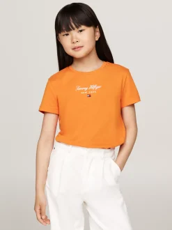 Topy I T-Shirty*Tommy Hilfiger T-shirt Z Okrągłym Dekoltem I Metalicznym Logo ORANGE THUNDER