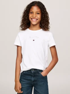 Topy I T-Shirty*Tommy Hilfiger T-shirt Z Okrągłym Dekoltem I Metalicznym Logo WHITE