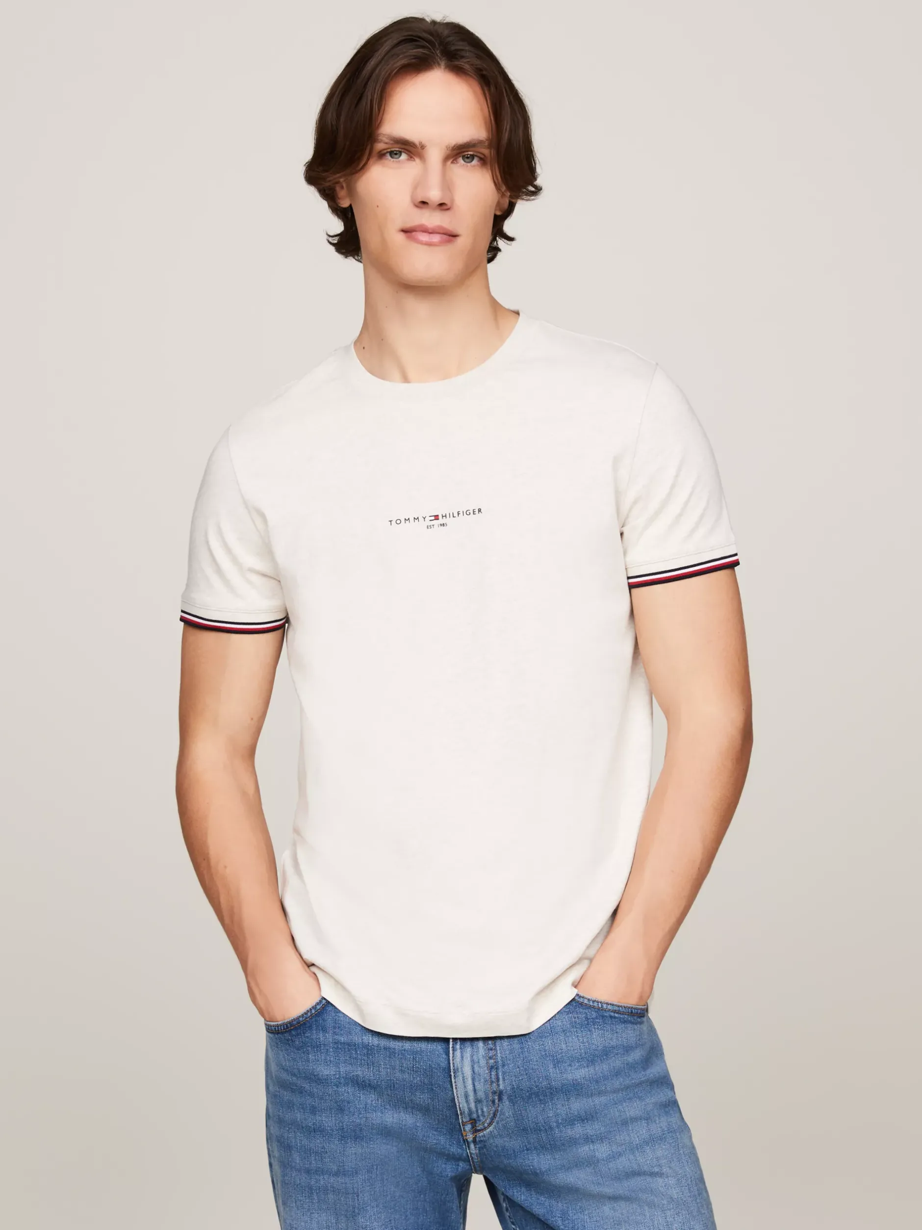 T-Shirty*Tommy Hilfiger T-shirt Z Ozdobnym Wykończeniem Rękawów HEATHERED OATMILK