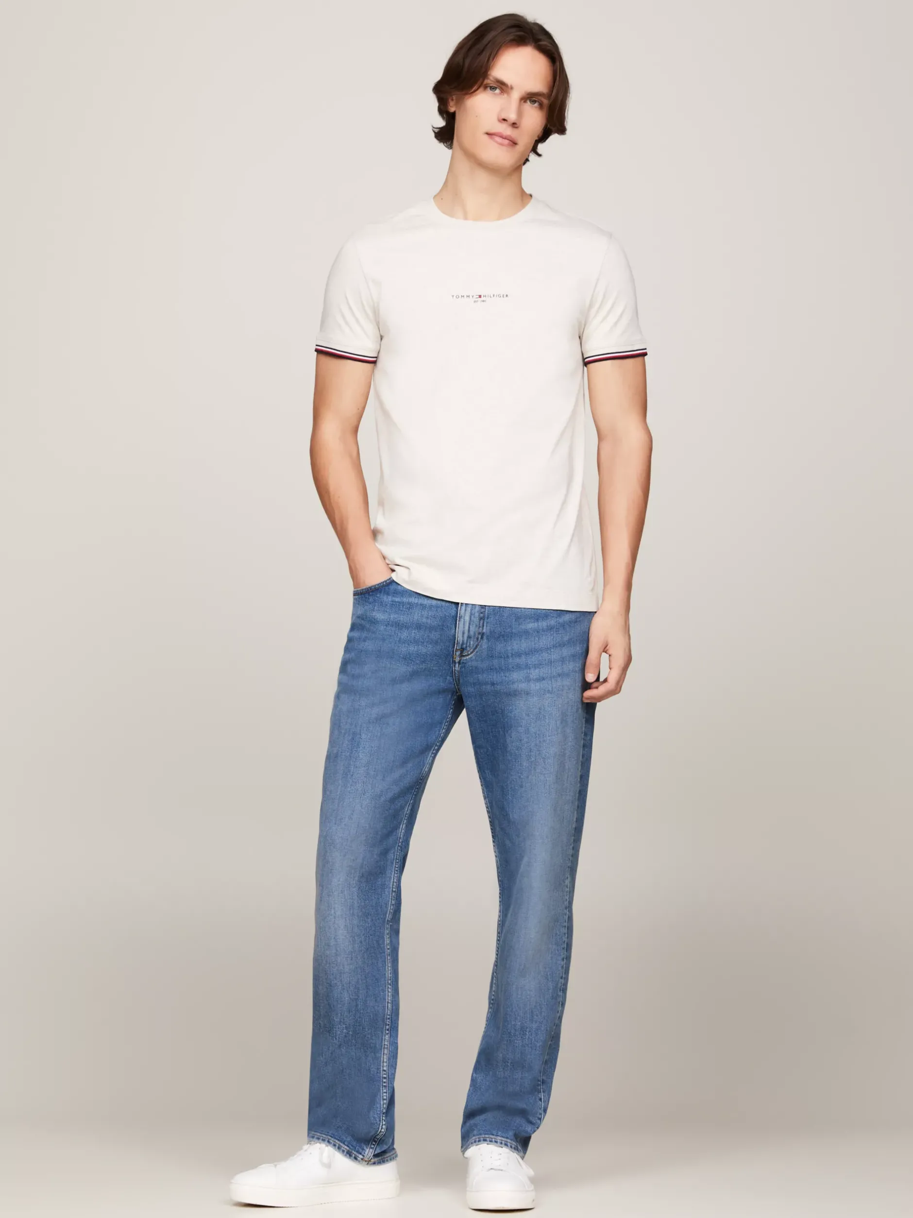 T-Shirty*Tommy Hilfiger T-shirt Z Ozdobnym Wykończeniem Rękawów HEATHERED OATMILK