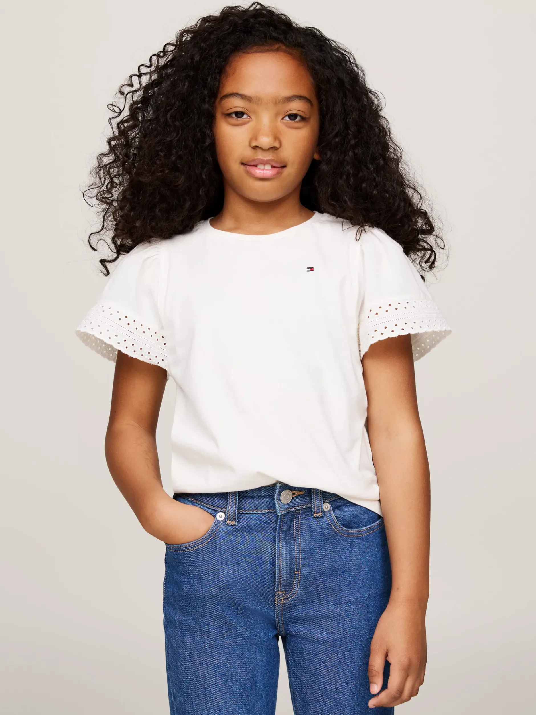 Topy I T-Shirty*Tommy Hilfiger T-shirt Z Rękawami Z Haftem Angielskim ANCIENT WHITE