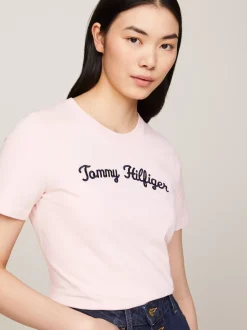 T-Shirty*Tommy Hilfiger T-shirt Z Wyhaftowanym Kaligrafowanym Logo DELICATE PINK