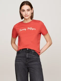T-Shirty*Tommy Hilfiger T-shirt Z Wyhaftowanym Kaligrafowanym Logo TERRA RED
