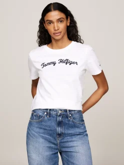 T-Shirty*Tommy Hilfiger T-shirt Z Wyhaftowanym Kaligrafowanym Logo TH OPTIC WHITE