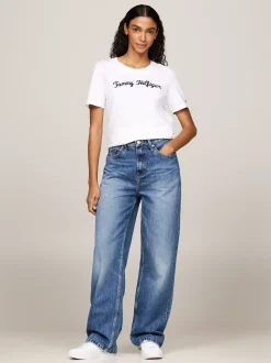 T-Shirty*Tommy Hilfiger T-shirt Z Wyhaftowanym Kaligrafowanym Logo TH OPTIC WHITE