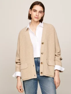 Kardigany|Dzianina*Tommy Hilfiger Wełniany Kardigan Oversize Z Dekoltem W Szpic CLASSIC BEIGE