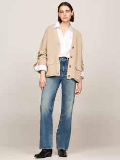 Kardigany|Dzianina*Tommy Hilfiger Wełniany Kardigan Oversize Z Dekoltem W Szpic CLASSIC BEIGE