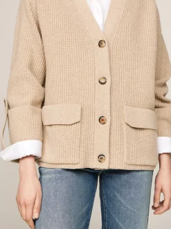 Kardigany|Dzianina*Tommy Hilfiger Wełniany Kardigan Oversize Z Dekoltem W Szpic CLASSIC BEIGE