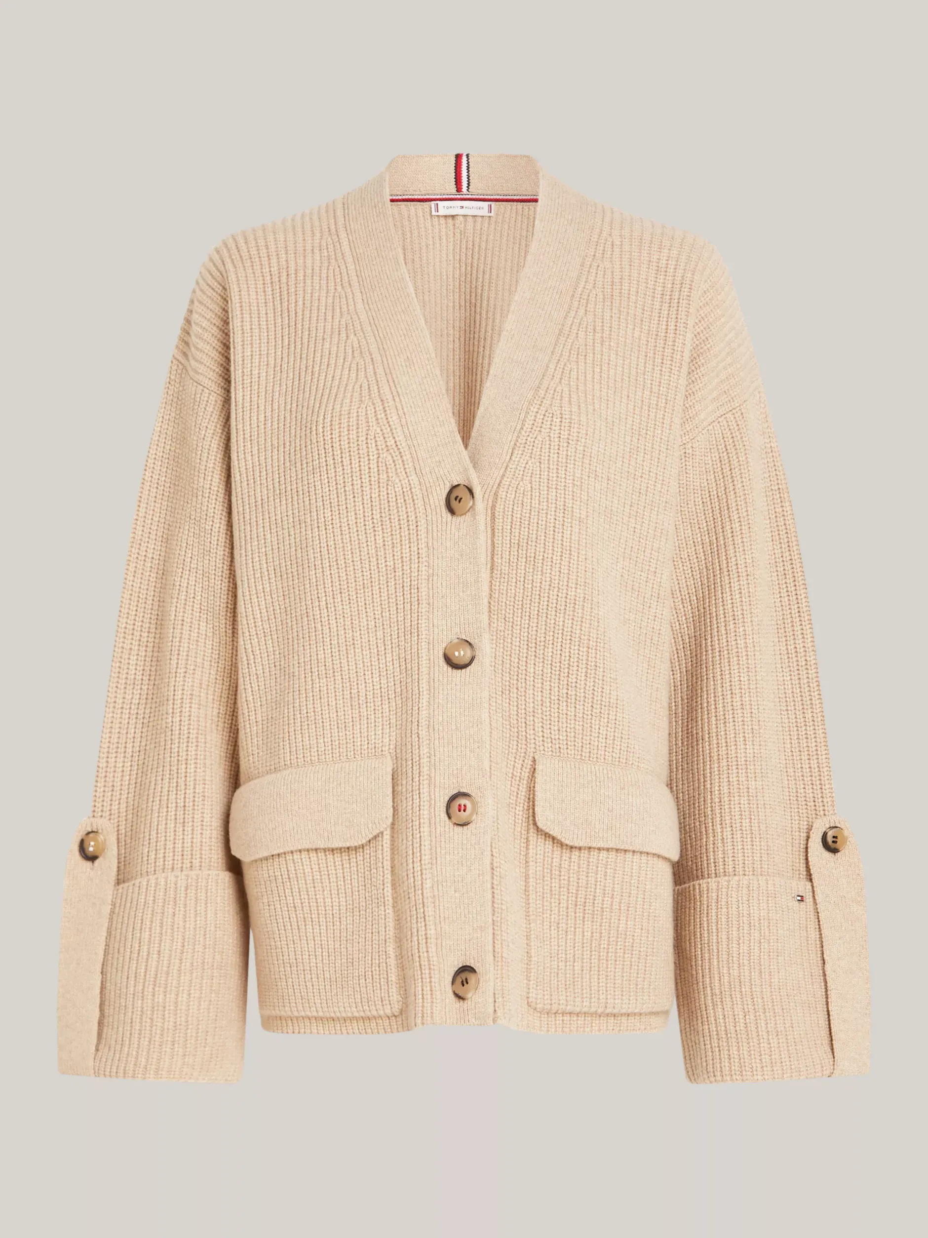 Kardigany|Dzianina*Tommy Hilfiger Wełniany Kardigan Oversize Z Dekoltem W Szpic CLASSIC BEIGE
