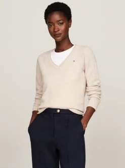 Swetry Z Okrągłym Dekoltem|Swetry*Tommy Hilfiger Wełniany Sweter Z Dekoltem W Szpic CLASSIC BEIGE HEATHER