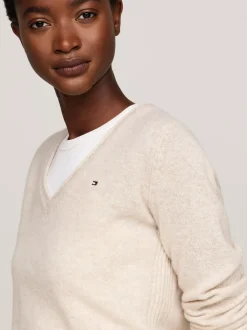 Swetry Z Okrągłym Dekoltem|Swetry*Tommy Hilfiger Wełniany Sweter Z Dekoltem W Szpic CLASSIC BEIGE HEATHER