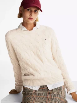 Swetry Z Okrągłym Dekoltem|Swetry*Tommy Hilfiger Wełniany Sweter Z Warkoczowym Splotem CLASSIC BEIGE HEATHER