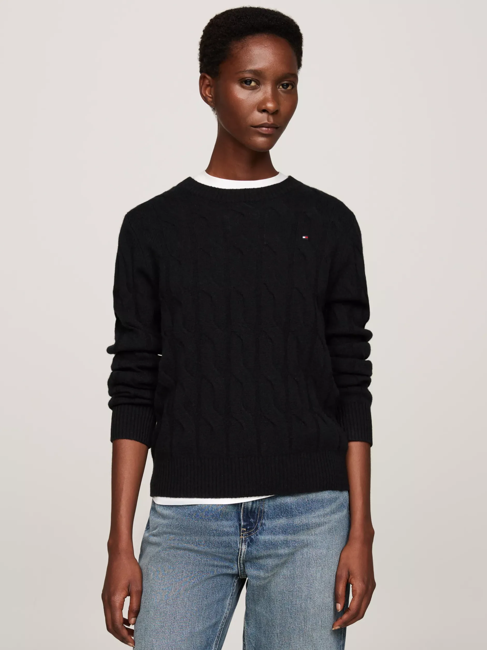 Swetry Z Okrągłym Dekoltem|Swetry*Tommy Hilfiger Wełniany Sweter Z Warkoczowym Splotem BLACK
