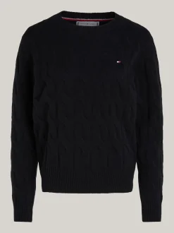 Swetry Z Okrągłym Dekoltem|Swetry*Tommy Hilfiger Wełniany Sweter Z Warkoczowym Splotem BLACK