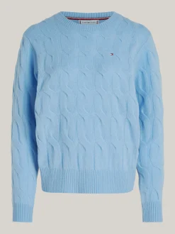 Swetry Z Okrągłym Dekoltem|Swetry*Tommy Hilfiger Wełniany Sweter Z Warkoczowym Splotem VESSEL BLUE