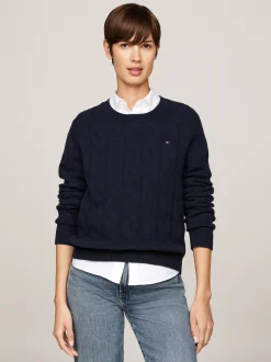 Swetry Z Okrągłym Dekoltem|Swetry*Tommy Hilfiger Wełniany Sweter Z Warkoczowym Splotem DESERT SKY