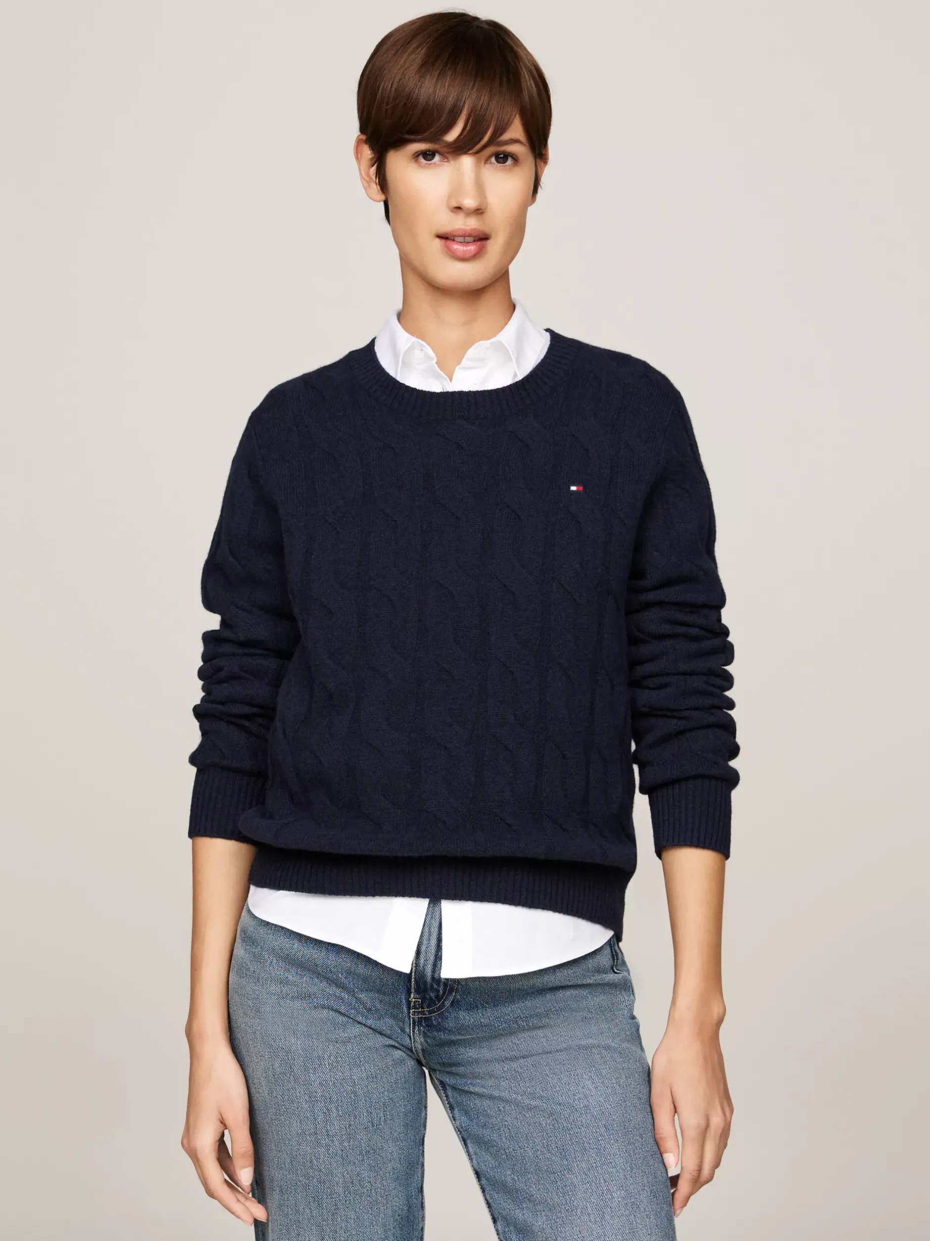 Swetry Z Okrągłym Dekoltem|Swetry*Tommy Hilfiger Wełniany Sweter Z Warkoczowym Splotem DESERT SKY