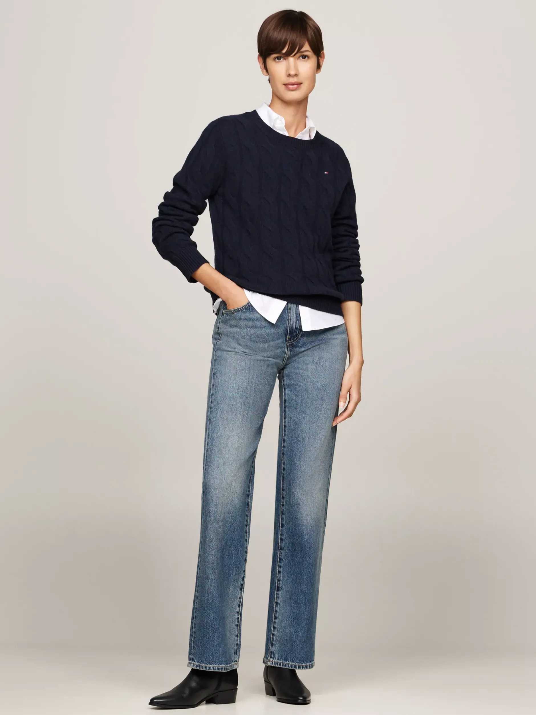 Swetry Z Okrągłym Dekoltem|Swetry*Tommy Hilfiger Wełniany Sweter Z Warkoczowym Splotem DESERT SKY