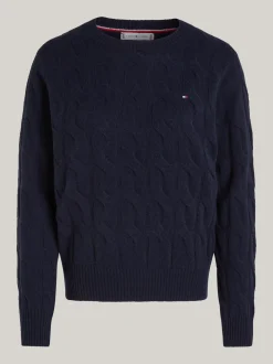 Swetry Z Okrągłym Dekoltem|Swetry*Tommy Hilfiger Wełniany Sweter Z Warkoczowym Splotem DESERT SKY