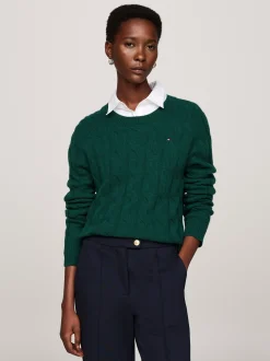 Swetry Z Okrągłym Dekoltem|Swetry*Tommy Hilfiger Wełniany Sweter Z Warkoczowym Splotem ORNAMENTAL GREEN