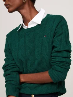 Swetry Z Okrągłym Dekoltem|Swetry*Tommy Hilfiger Wełniany Sweter Z Warkoczowym Splotem ORNAMENTAL GREEN