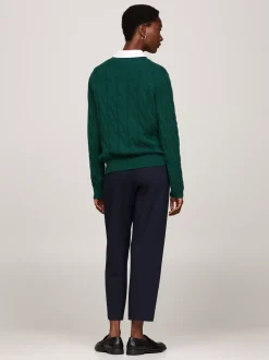 Swetry Z Okrągłym Dekoltem|Swetry*Tommy Hilfiger Wełniany Sweter Z Warkoczowym Splotem ORNAMENTAL GREEN