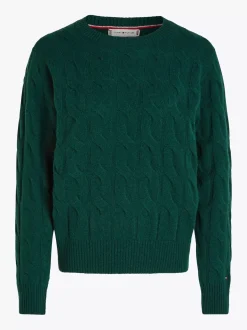 Swetry Z Okrągłym Dekoltem|Swetry*Tommy Hilfiger Wełniany Sweter Z Warkoczowym Splotem ORNAMENTAL GREEN