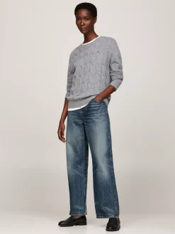 Swetry Z Okrągłym Dekoltem|Swetry*Tommy Hilfiger Wełniany Sweter Z Warkoczowym Splotem MEDIUM HEATHER GREY