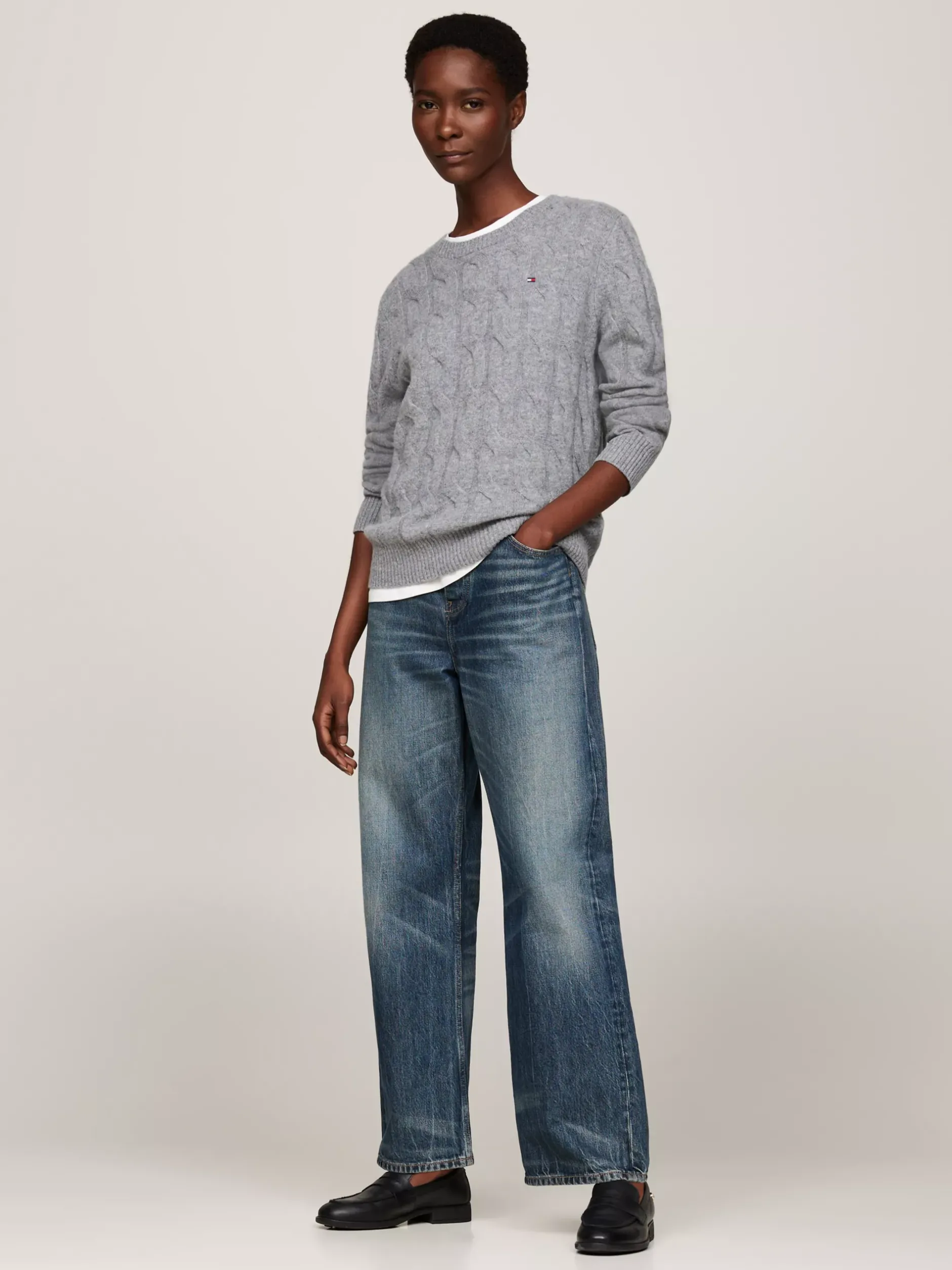 Swetry Z Okrągłym Dekoltem|Swetry*Tommy Hilfiger Wełniany Sweter Z Warkoczowym Splotem MEDIUM HEATHER GREY