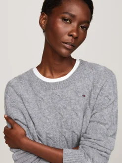 Swetry Z Okrągłym Dekoltem|Swetry*Tommy Hilfiger Wełniany Sweter Z Warkoczowym Splotem MEDIUM HEATHER GREY