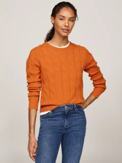 Swetry Z Okrągłym Dekoltem|Swetry*Tommy Hilfiger Wełniany Sweter Z Warkoczowym Splotem AUTUMN ORANGE