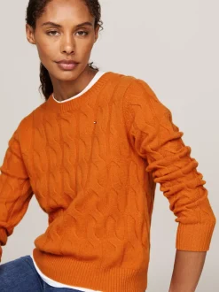 Swetry Z Okrągłym Dekoltem|Swetry*Tommy Hilfiger Wełniany Sweter Z Warkoczowym Splotem AUTUMN ORANGE