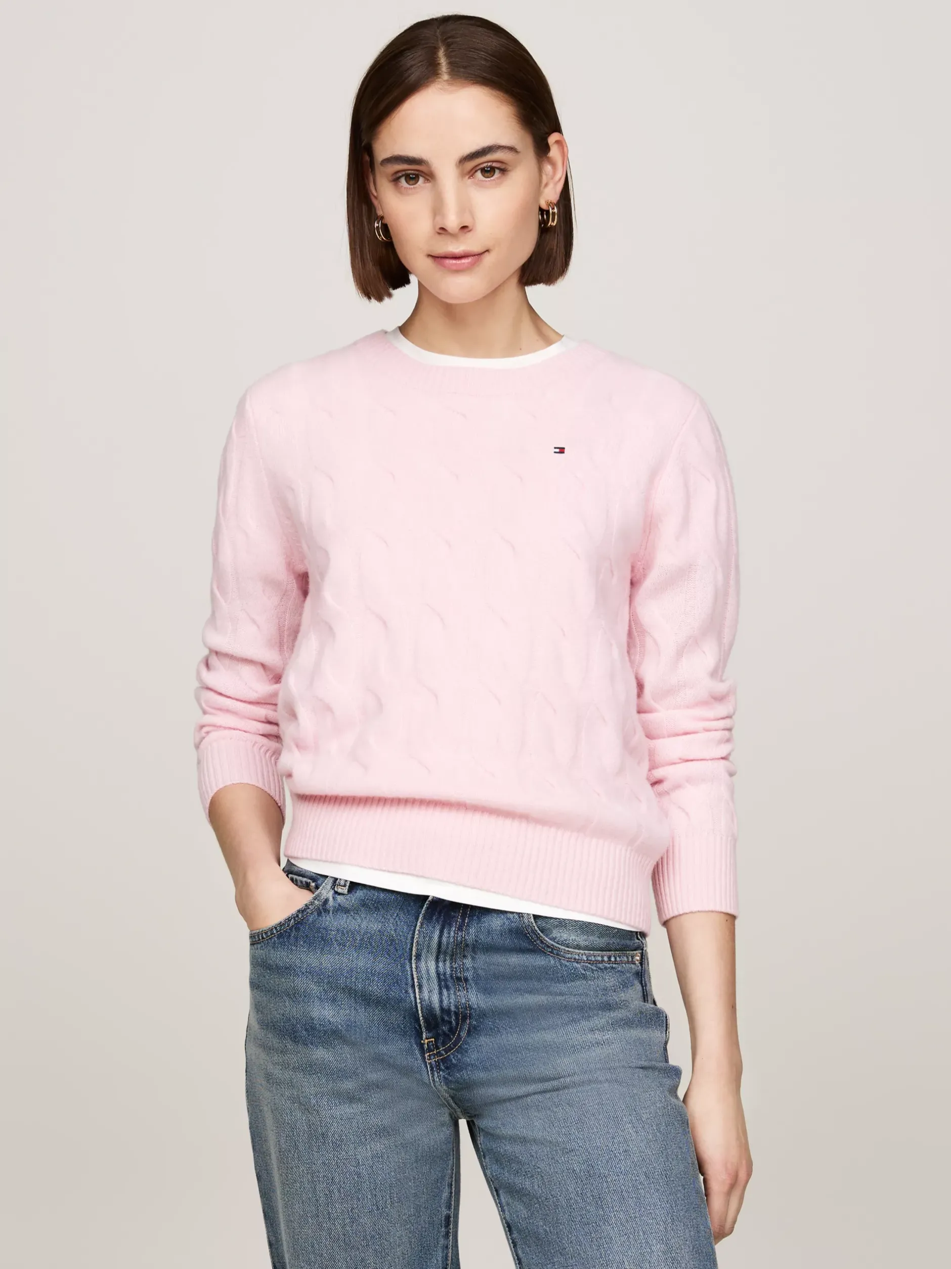 Swetry Z Okrągłym Dekoltem|Swetry*Tommy Hilfiger Wełniany Sweter Z Warkoczowym Splotem DELICATE PINK