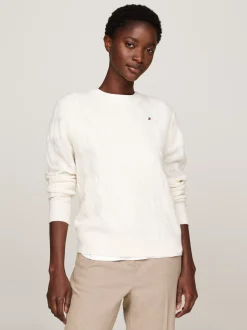 Swetry Z Okrągłym Dekoltem|Swetry*Tommy Hilfiger Wełniany Sweter Z Warkoczowym Splotem IVORY PETAL