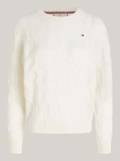 Swetry Z Okrągłym Dekoltem|Swetry*Tommy Hilfiger Wełniany Sweter Z Warkoczowym Splotem IVORY PETAL