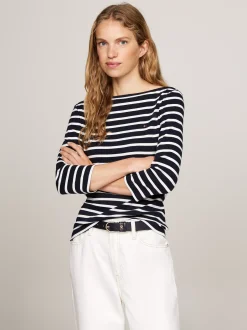 T-Shirty*Tommy Hilfiger Wąska Bluzka Z Dekoltem W łódkę I Rękawem 3/4 NOS BRETON DESERT SKY/ ECRU