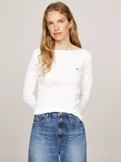 T-Shirty*Tommy Hilfiger Wąska Bluzka Z Dekoltem W łódkę I Rękawem 3/4 NOS ECRU