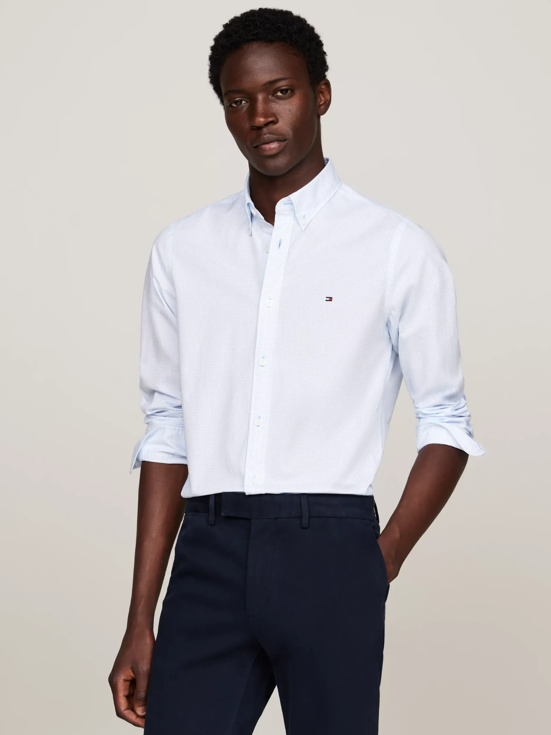 Koszule*Tommy Hilfiger Wąska Koszula Z Drobnym Wzorem OPTIC WHITE / VESSEL BLUE