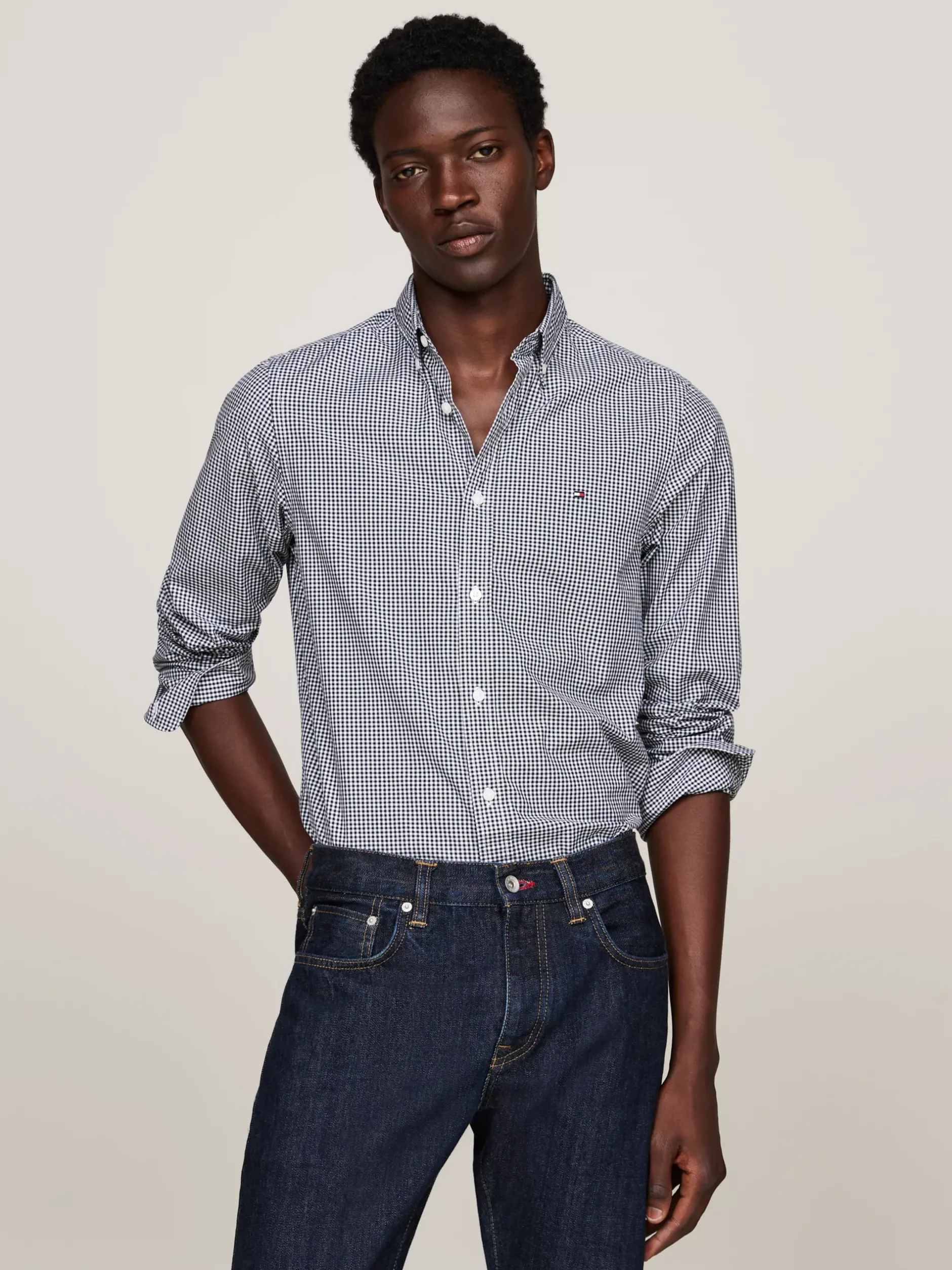 Koszule*Tommy Hilfiger Wąska Koszula Z Popeliny W Drobną Kratę CARBON NAVY / OPTIC WHITE
