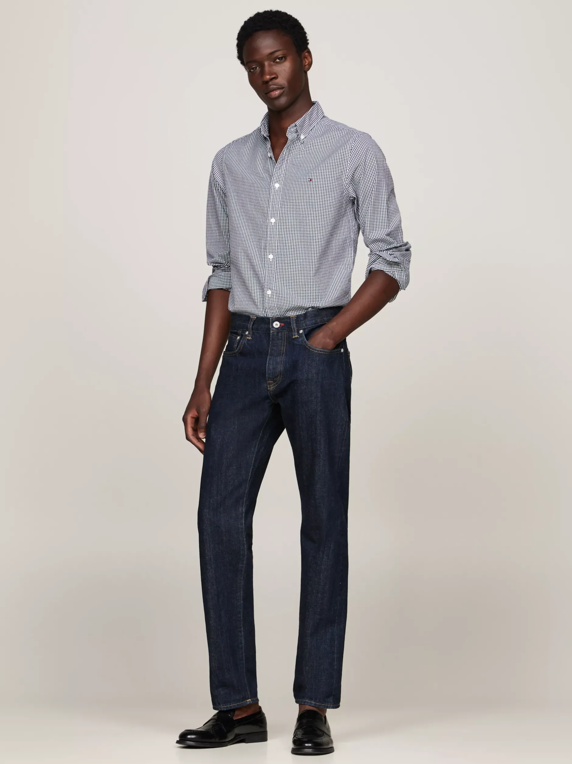 Koszule*Tommy Hilfiger Wąska Koszula Z Popeliny W Drobną Kratę CARBON NAVY / OPTIC WHITE