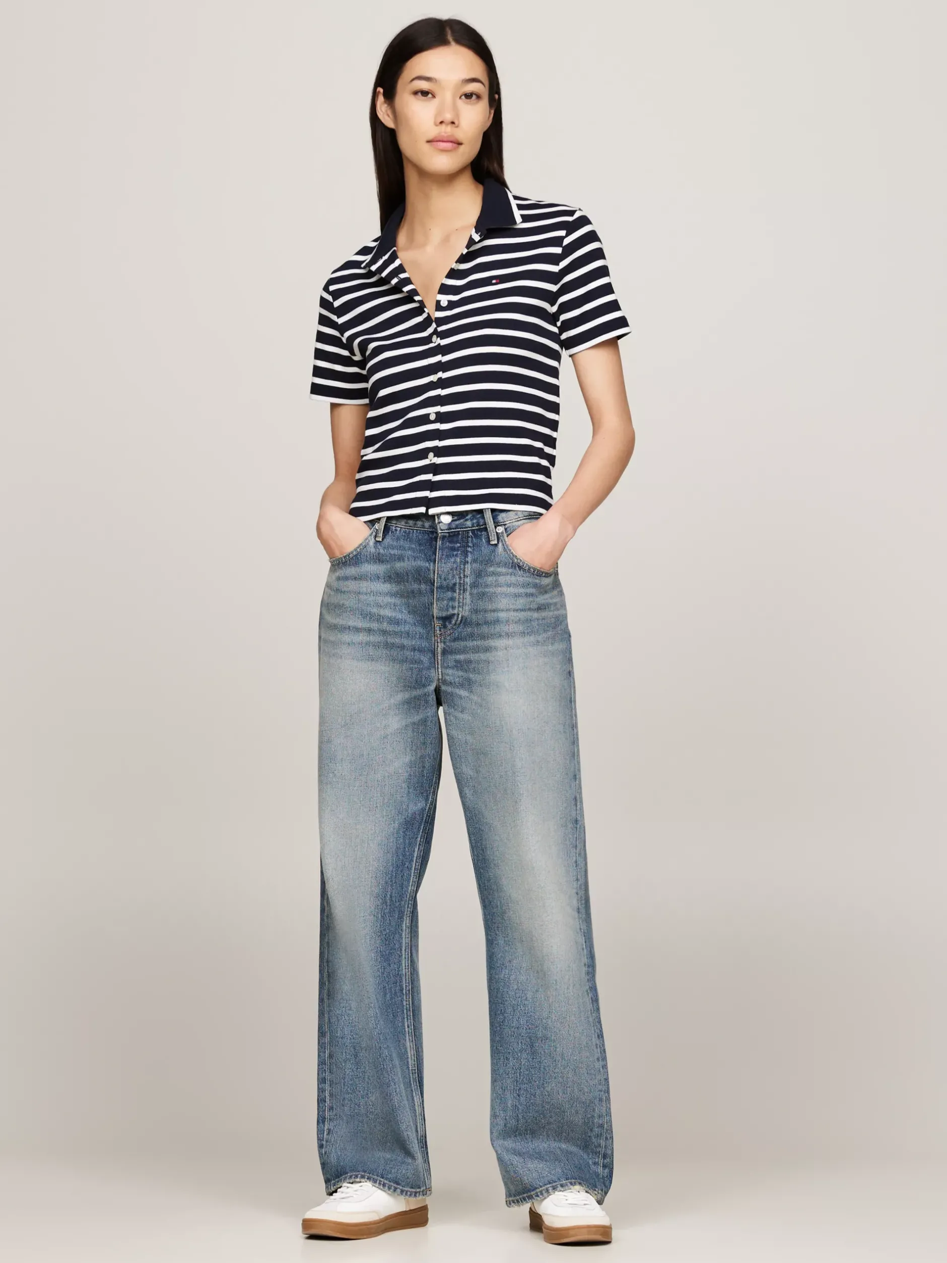 T-Shirty*Tommy Hilfiger Wąska Koszulka Polo Na Guziki BRETON DESERT SKY/ECRU