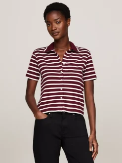 T-Shirty*Tommy Hilfiger Wąska Koszulka Polo Na Guziki BRETON STP DEEP ROUGE/ ECRU