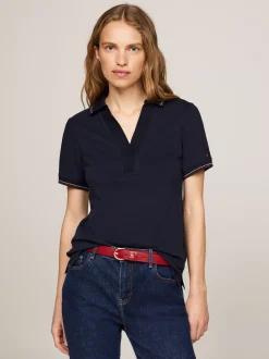 Koszulki Polo*Tommy Hilfiger Wąska Koszulka Polo Z Otwartym Dekoltem DESERT SKY