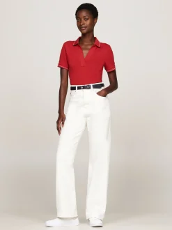 Koszulki Polo*Tommy Hilfiger Wąska Koszulka Polo Z Otwartym Dekoltem DARK MAGMA